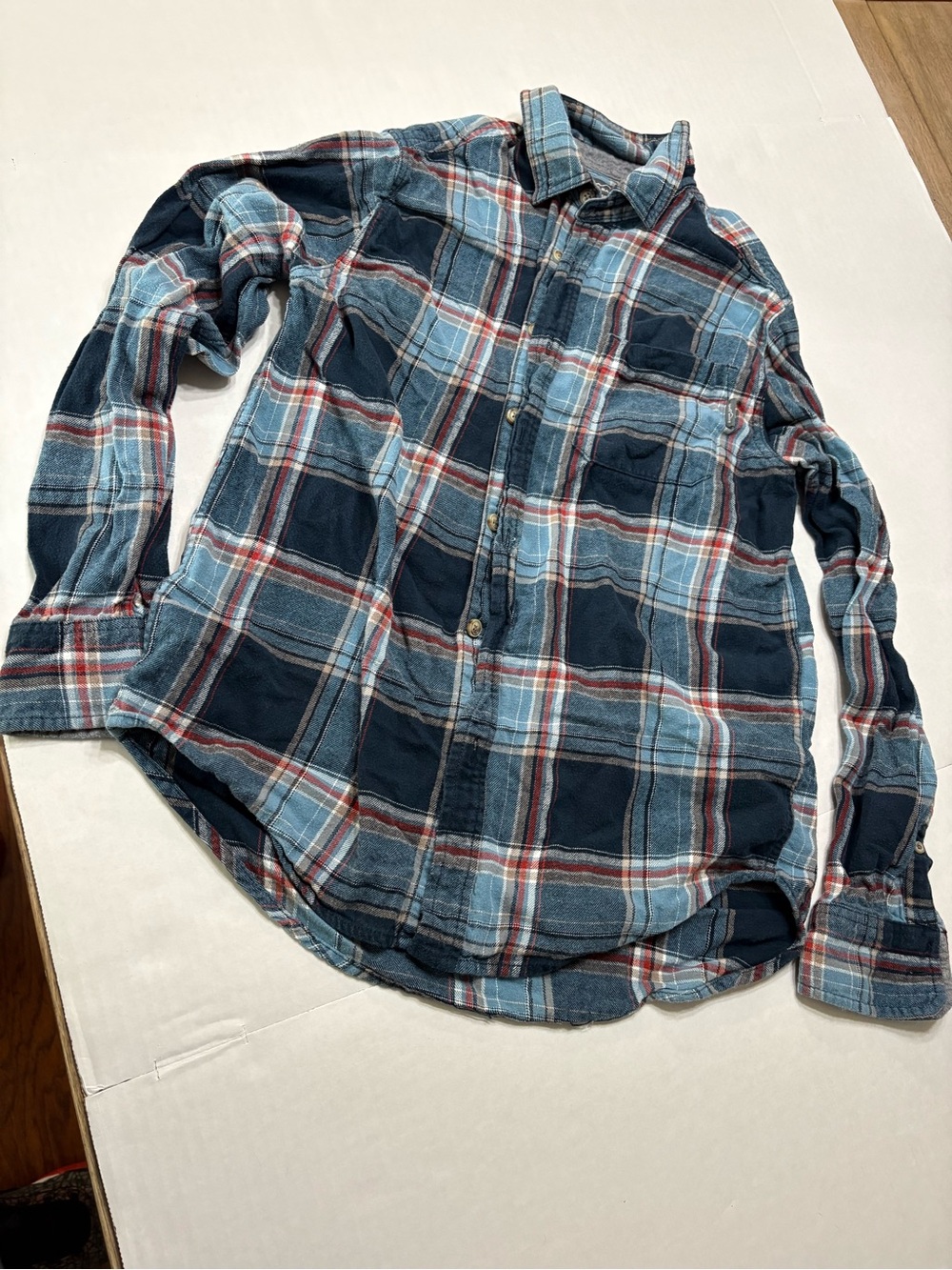 Eddie Bauer Navy and Light Blue Plaid Button-Down Shirt